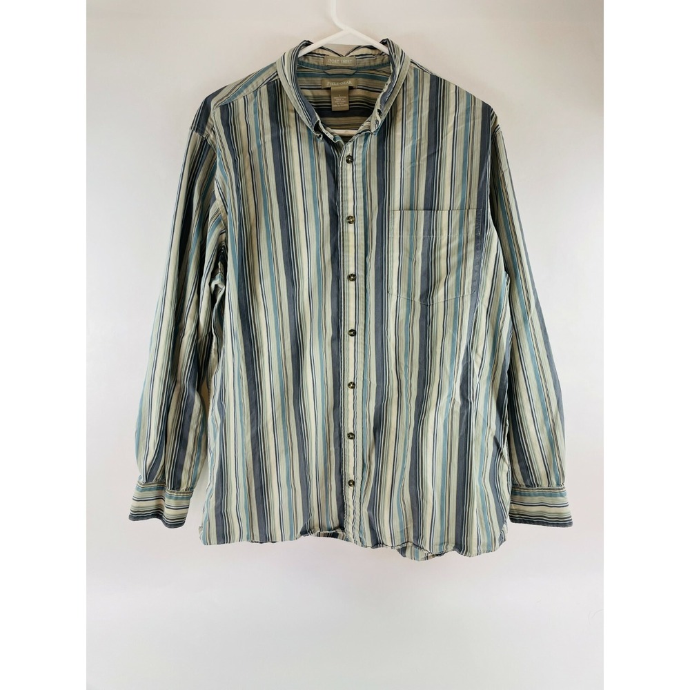 Field Gear Sport Shirt Men's Large Blue Striped Long Sleeve Pocket Button Down